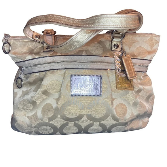 COACH Poppy Purse Bag Signature Cs Monogram Cream and Gold THREE Hang Tags GUC - Picture 1 of 16